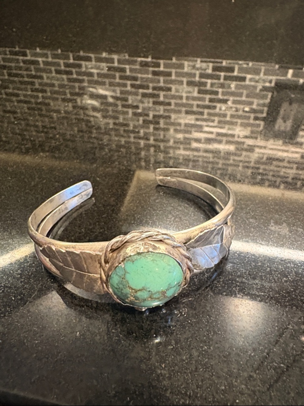 Turquoise Stone Silver Feather Cuff Bracelet - Women Jewelry - Picture 4 of 12